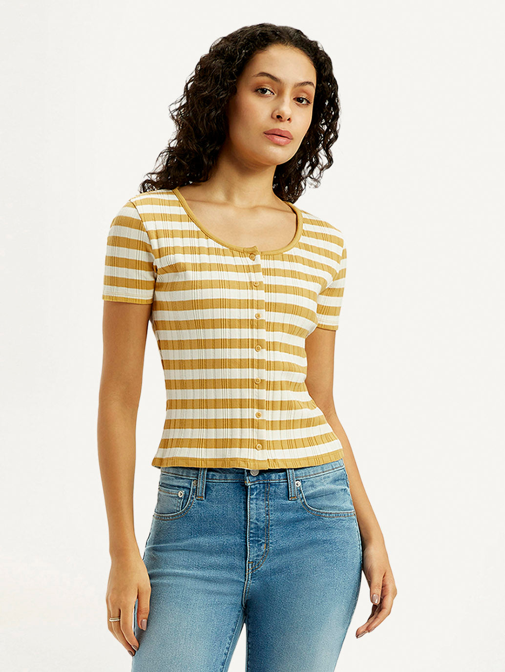 Women's Striped Yellow Scoop Neck Top - Styleshot View