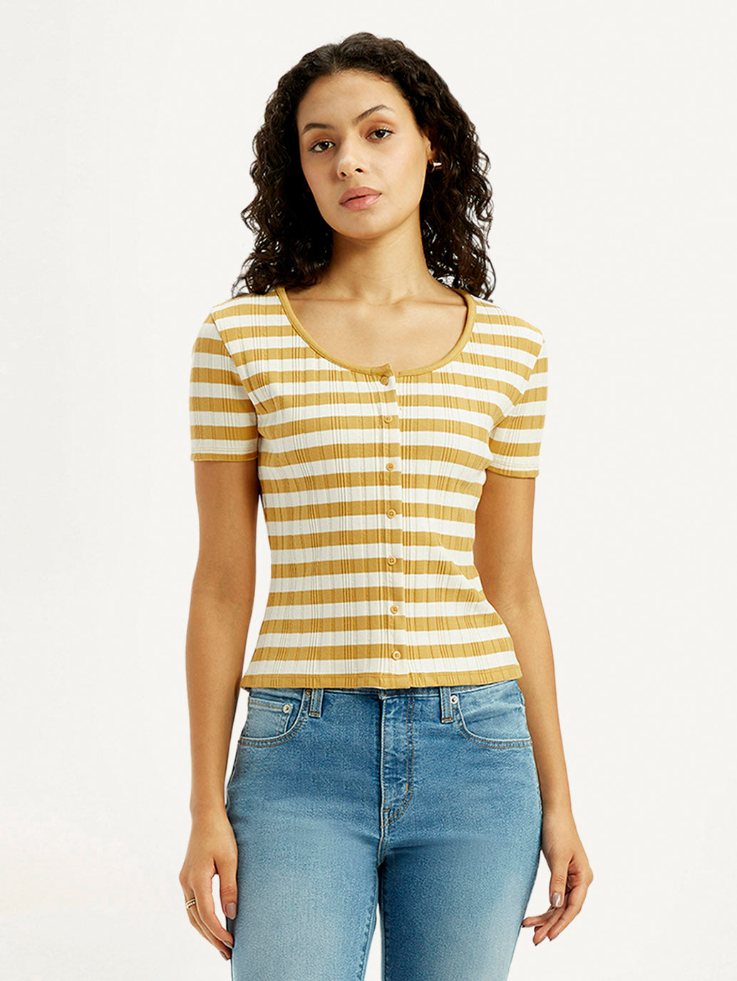 Women's Striped Yellow Scoop Neck Top - Front View