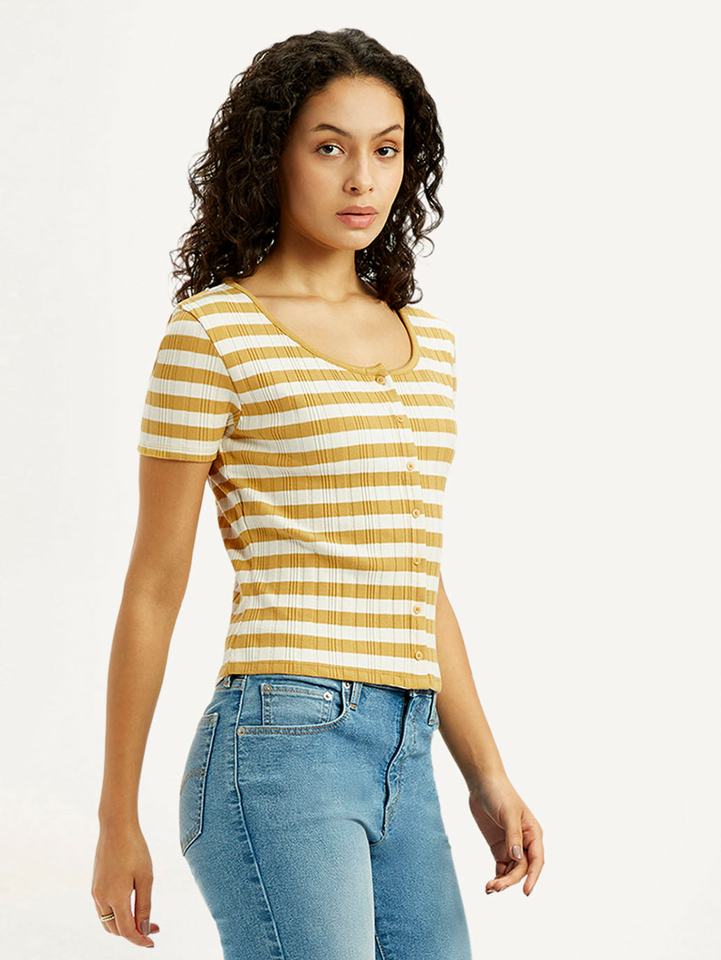 Women's Striped Yellow Scoop Neck Top - Side View