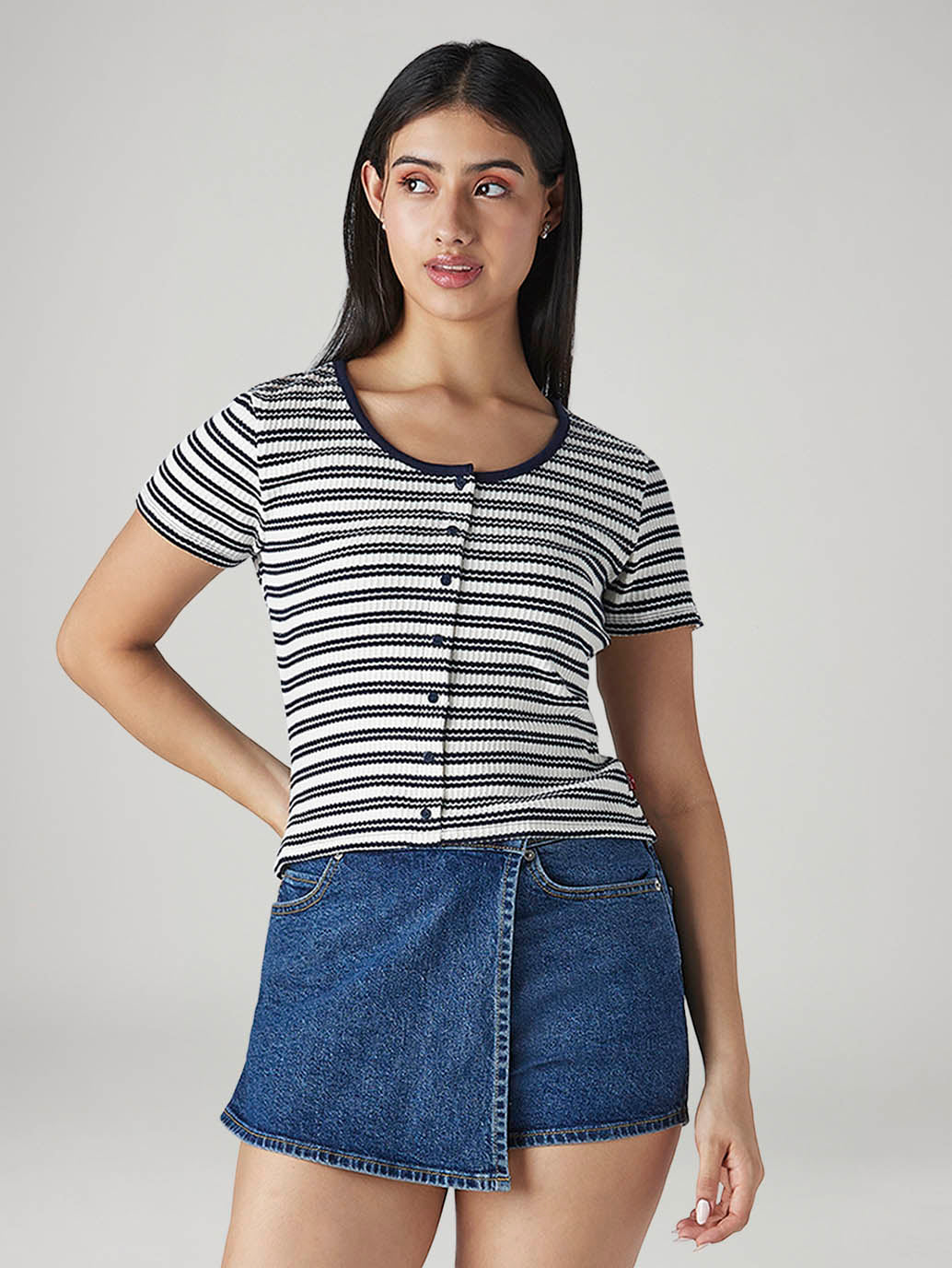 Women's Striped Slim Fit Ribbed Top - Front View