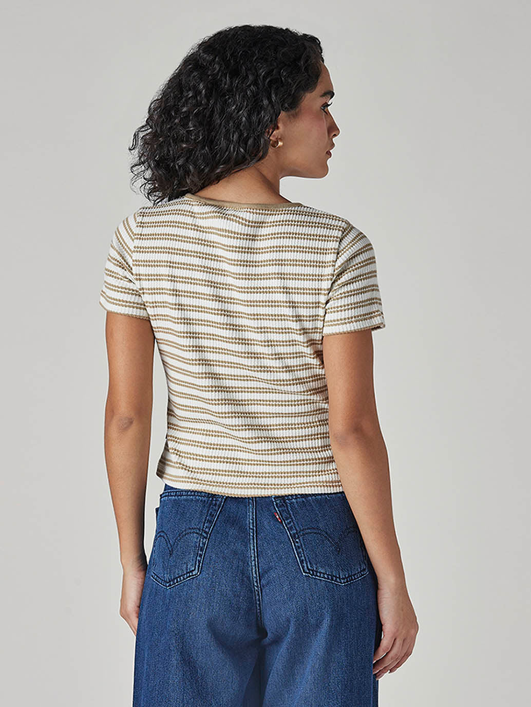 Women's Striped Cream Round Neck Ribbed Top - Back View