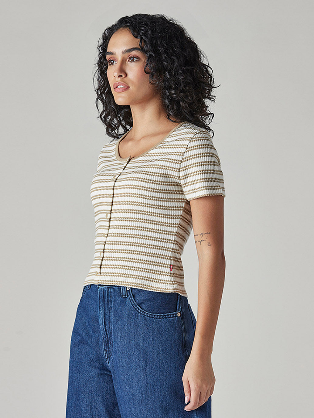 Women's Striped Cream Round Neck Ribbed Top - Side View
