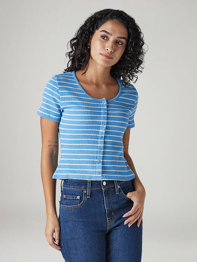 Women's Striped Blue Round Neck Top