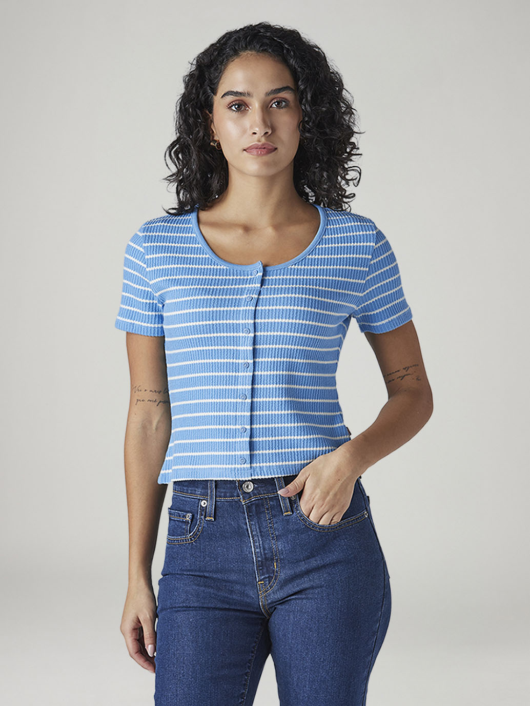 Women's Striped Blue Round Neck Ribbed Top - Front View