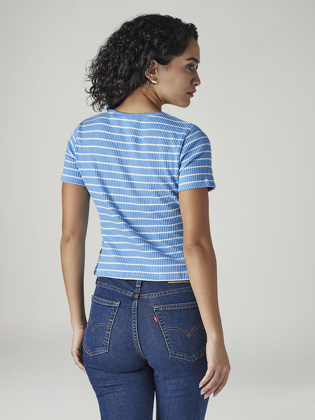 Women's Striped Blue Round Neck Ribbed Top - Back View