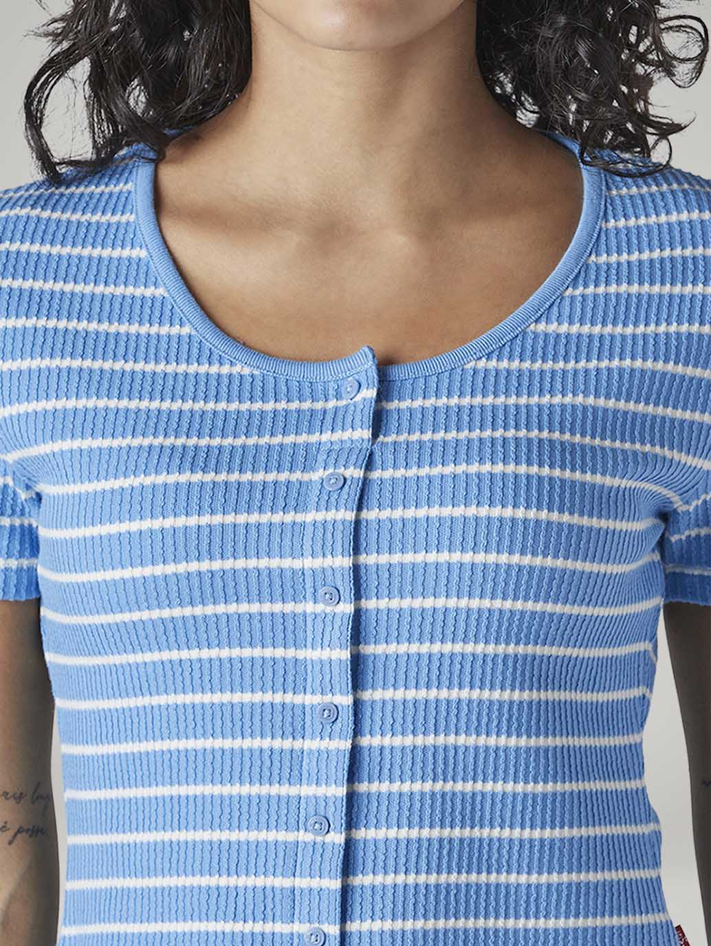 Women's Striped Blue Round Neck Ribbed Top - Detail View