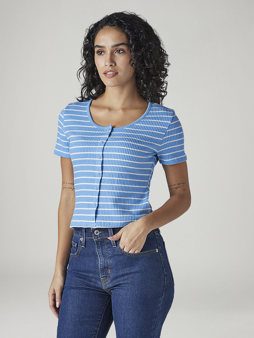 Women's Striped Blue Round Neck Ribbed Top - Side View