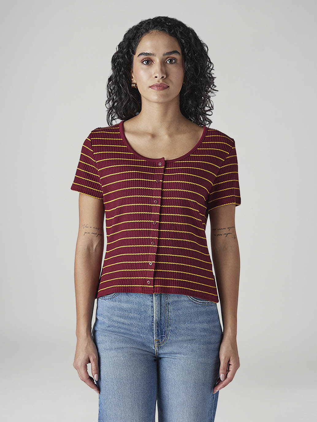 Women's Striped Maroon Round Neck Top - 20 View