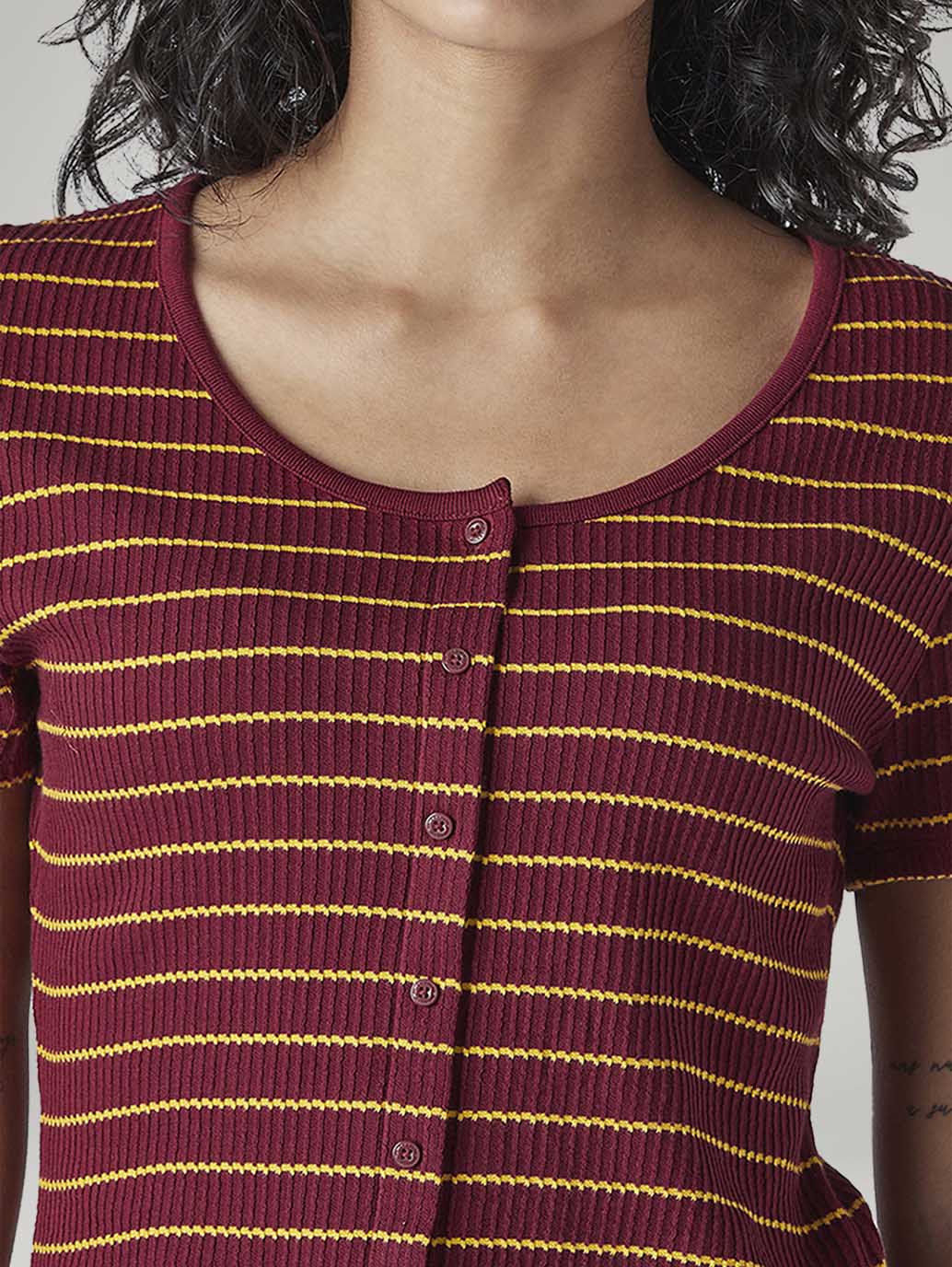 Women's Striped Maroon Round Neck Top - 20 View