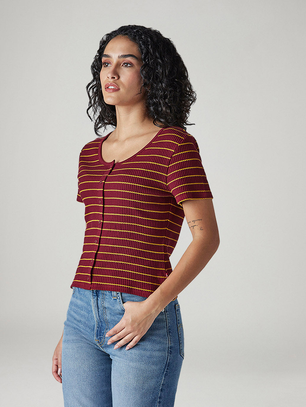 Women's Striped Maroon Round Neck Ribbed Top - 20 View