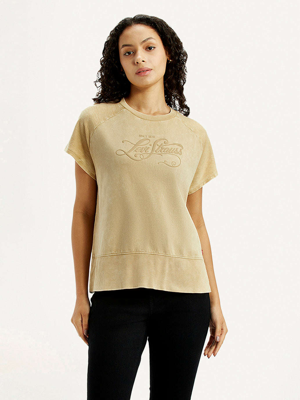 Women's Brand Logo Beige Relaxed Fit T-shirt - Front View