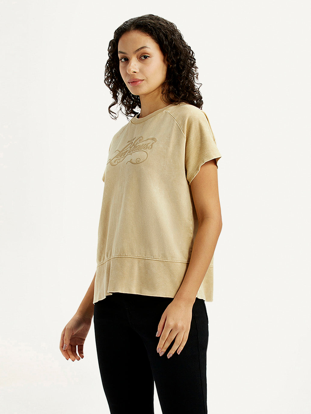 Women's Brand Logo Beige Relaxed Fit T-shirt - Side View