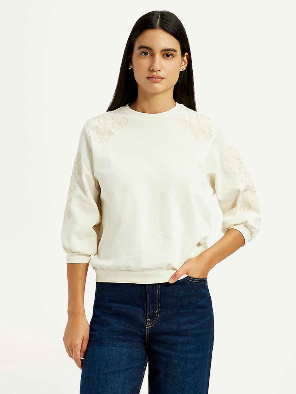 Women's Embroidered Cream Crew Neck Top - Styleshot View