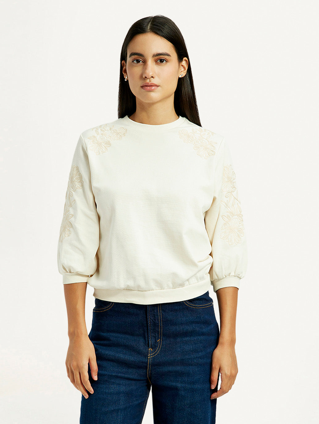 Women's Embroidered Cream Crew Neck Top - Front View