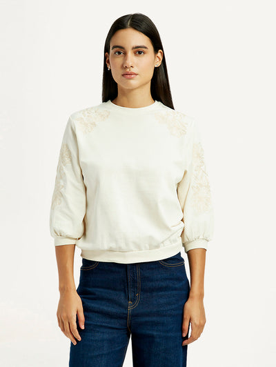 Women's Embroidered Cream Crew Neck Top