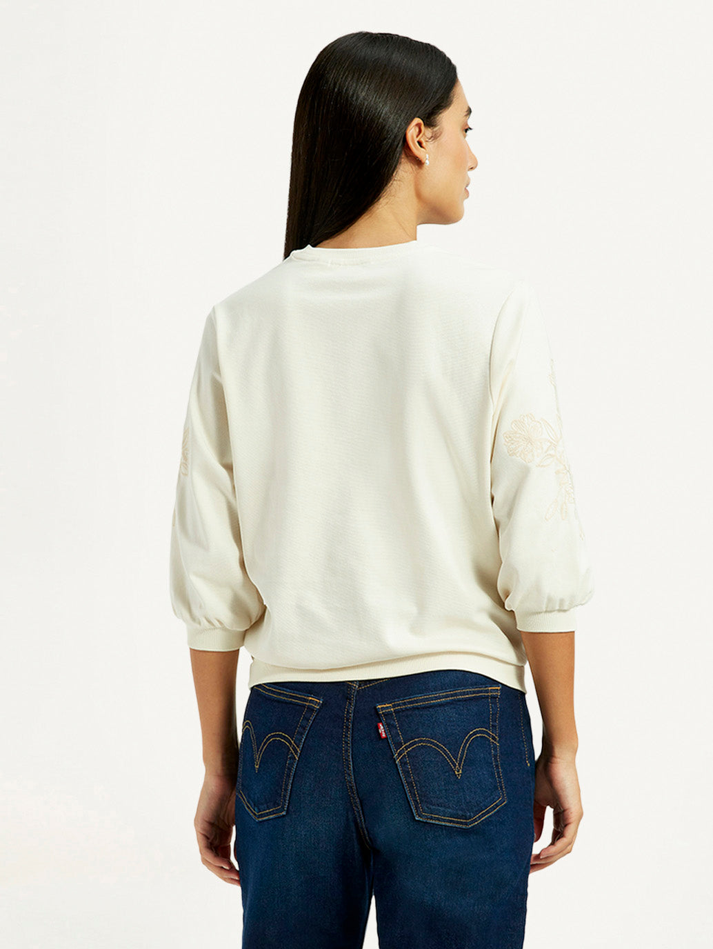 Women's Embroidered Cream Crew Neck Top - Back View