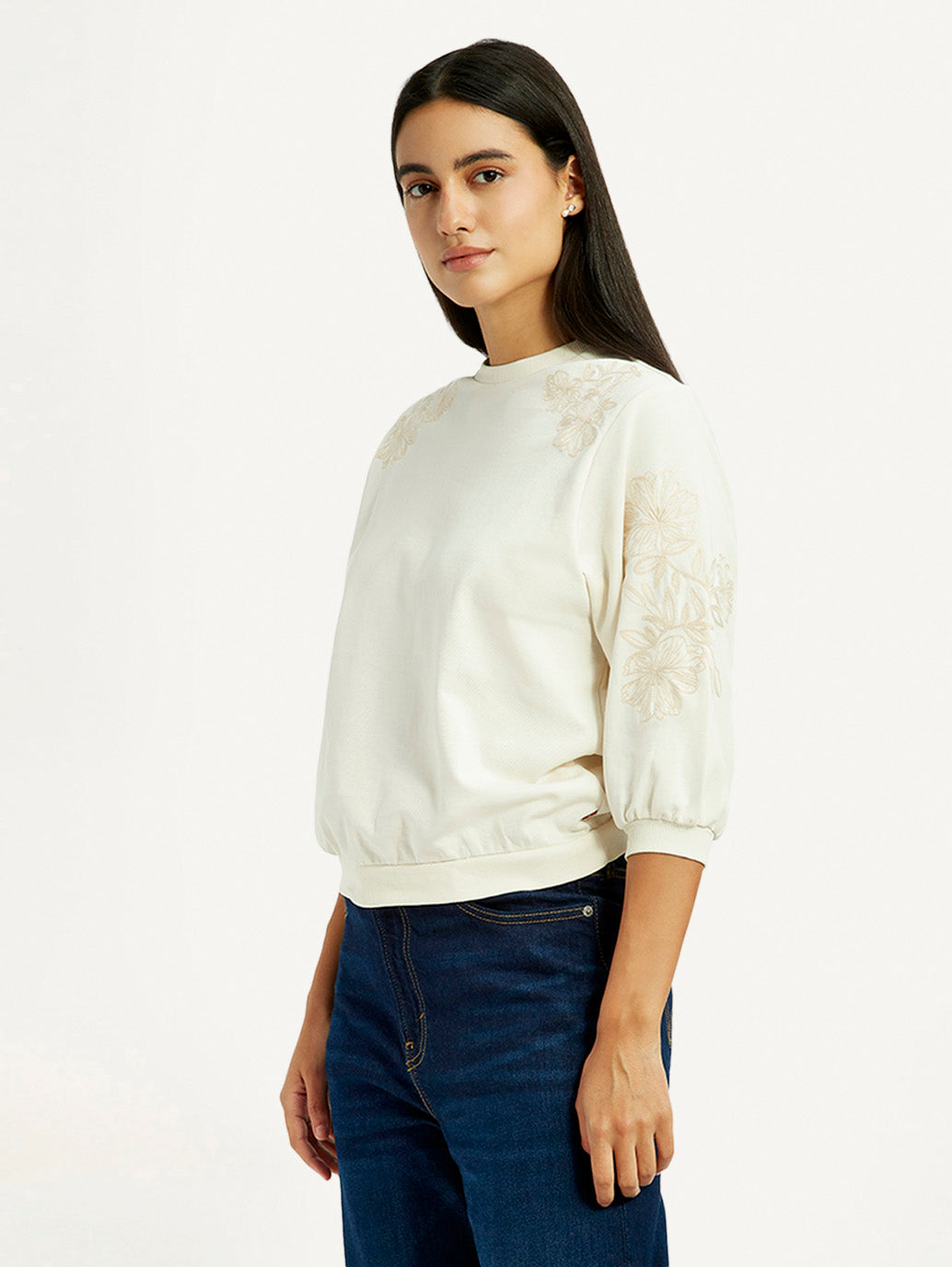 Women's Embroidered Cream Crew Neck Top - Side View