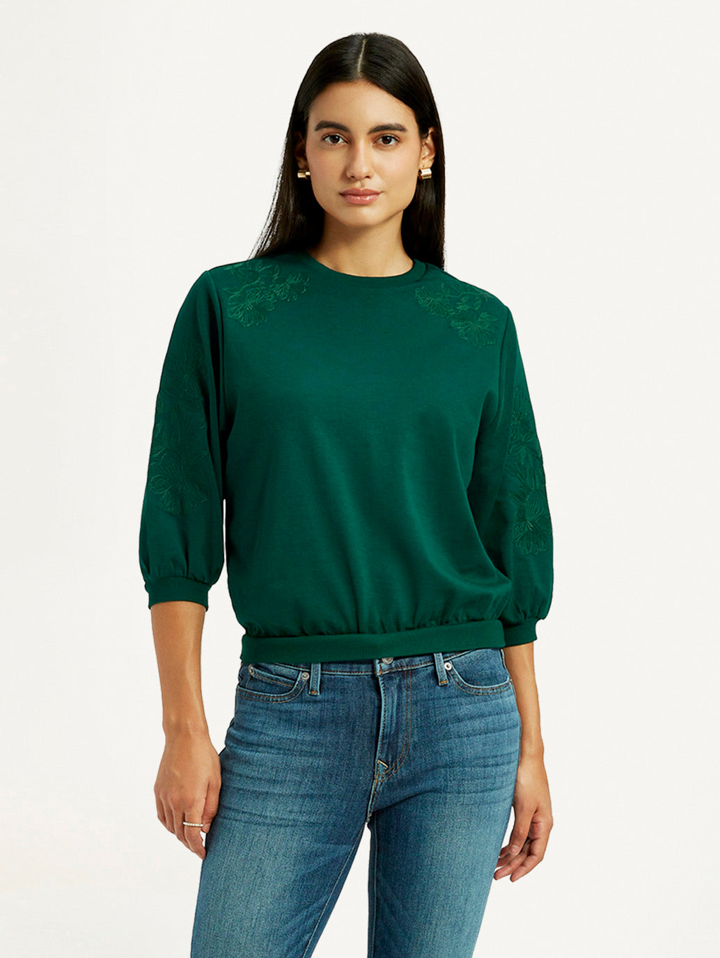Women's Embroidered Dark Green Crew Neck Top - Styleshot View