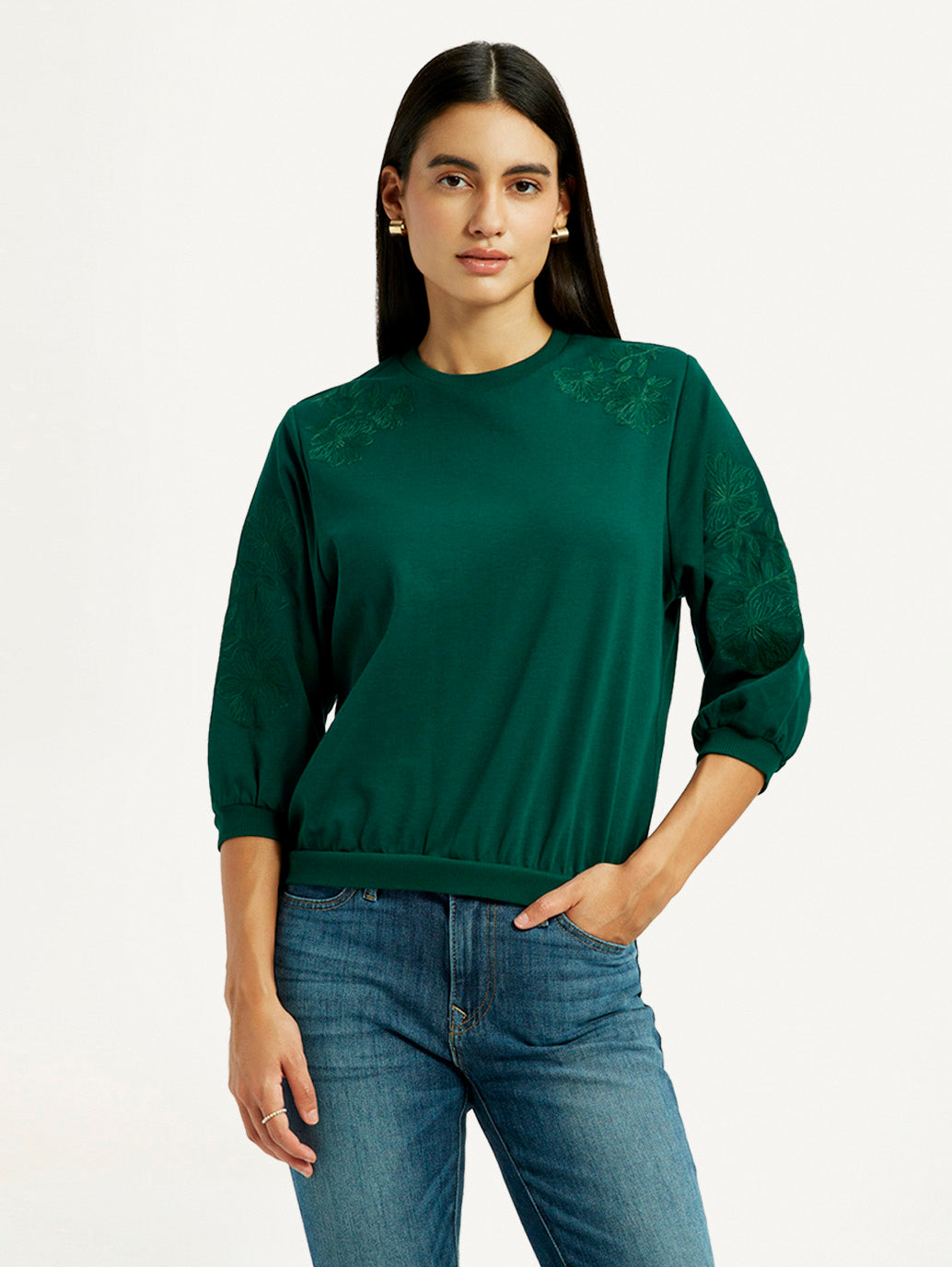 Women's Embroidered Dark Green Crew Neck Top - Front View