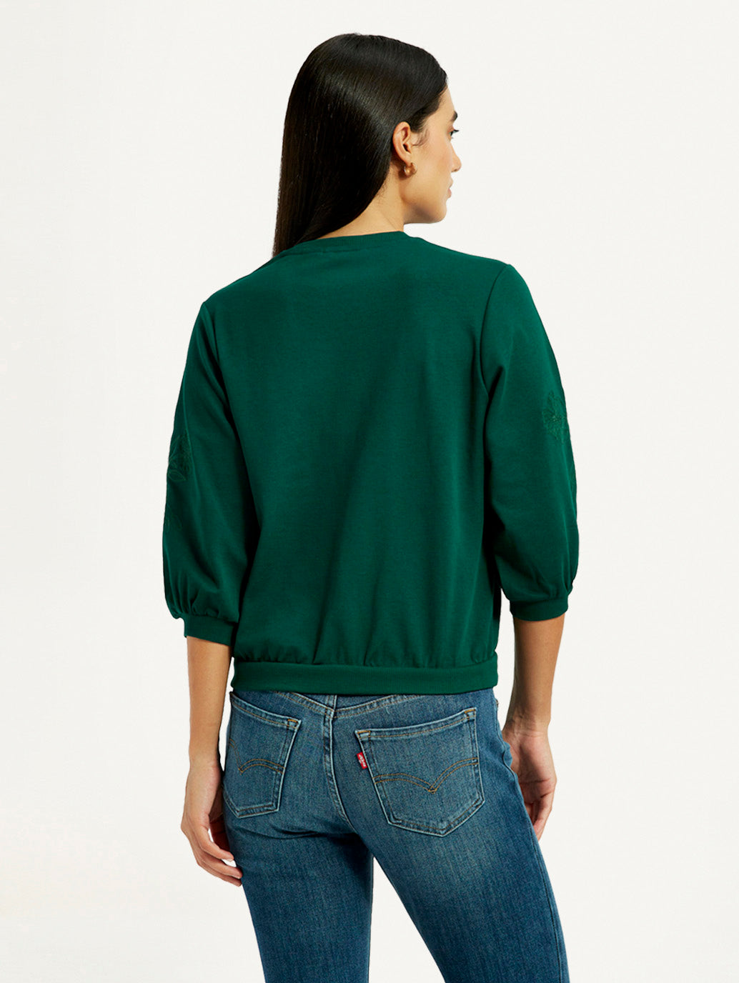 Women's Embroidered Dark Green Crew Neck Top - Back View