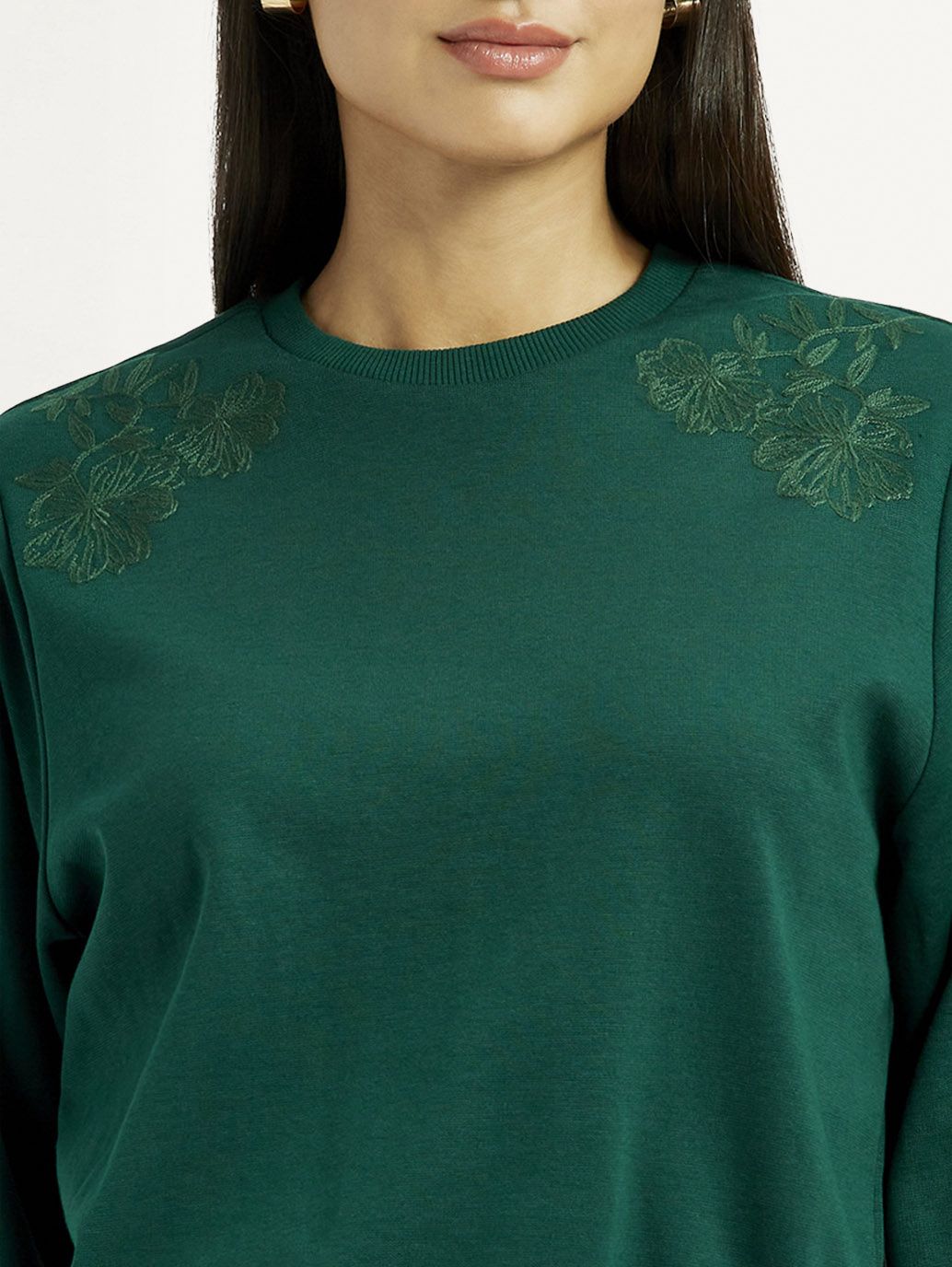 Women's Embroidered Dark Green Crew Neck Top - Detail View