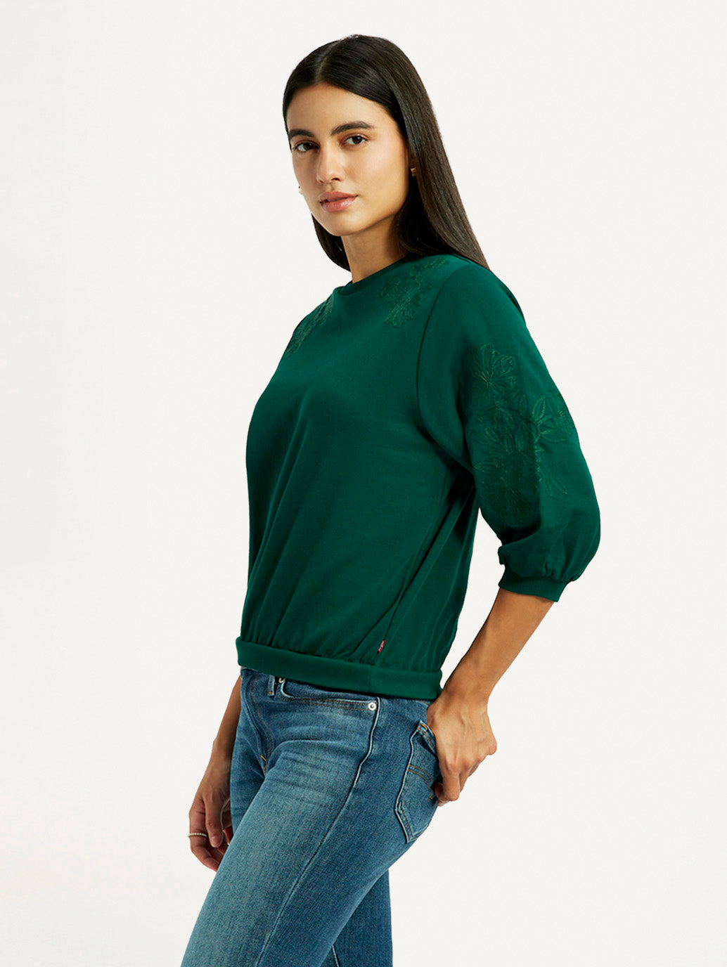 Women's Embroidered Dark Green Crew Neck Top - Side View