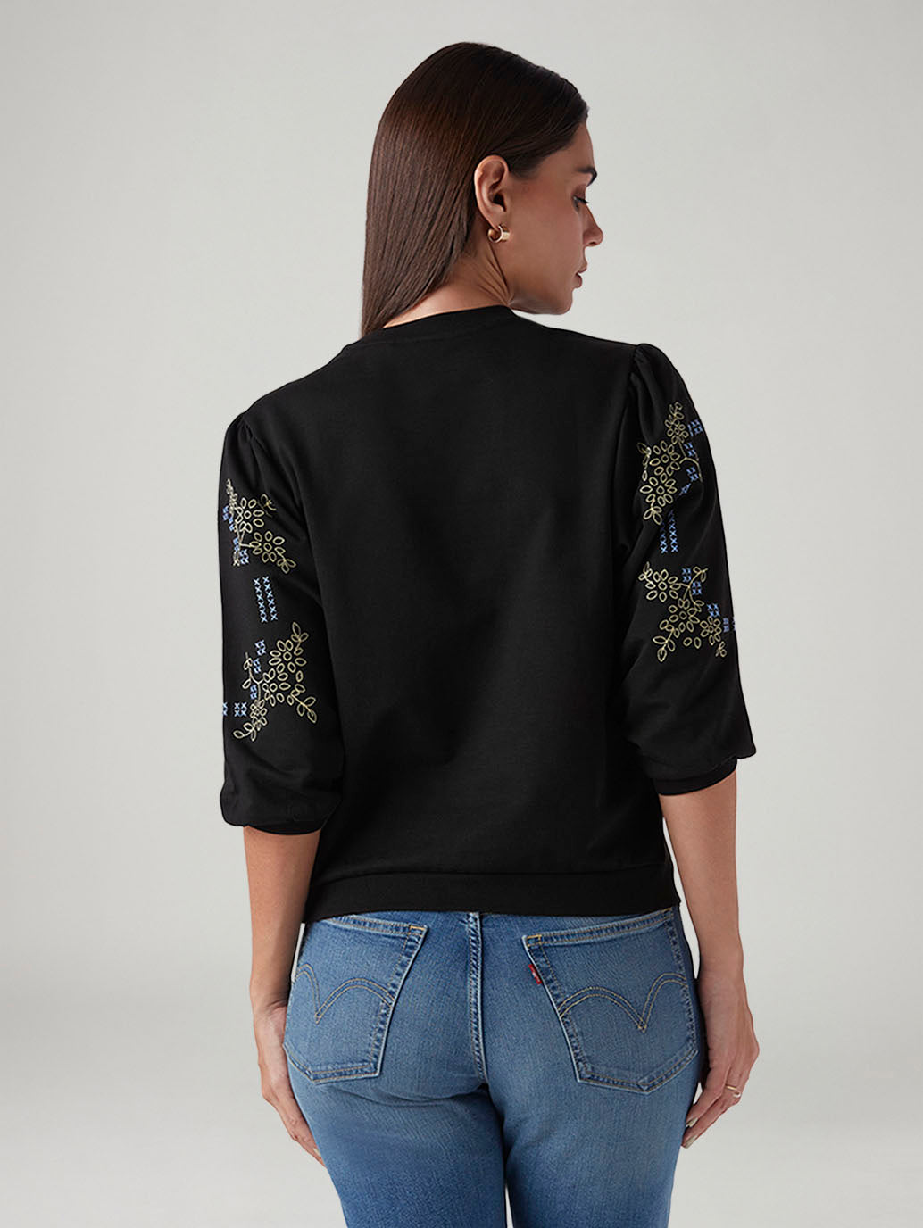 Women's Black Regular Fit Embroidery Top - Back View