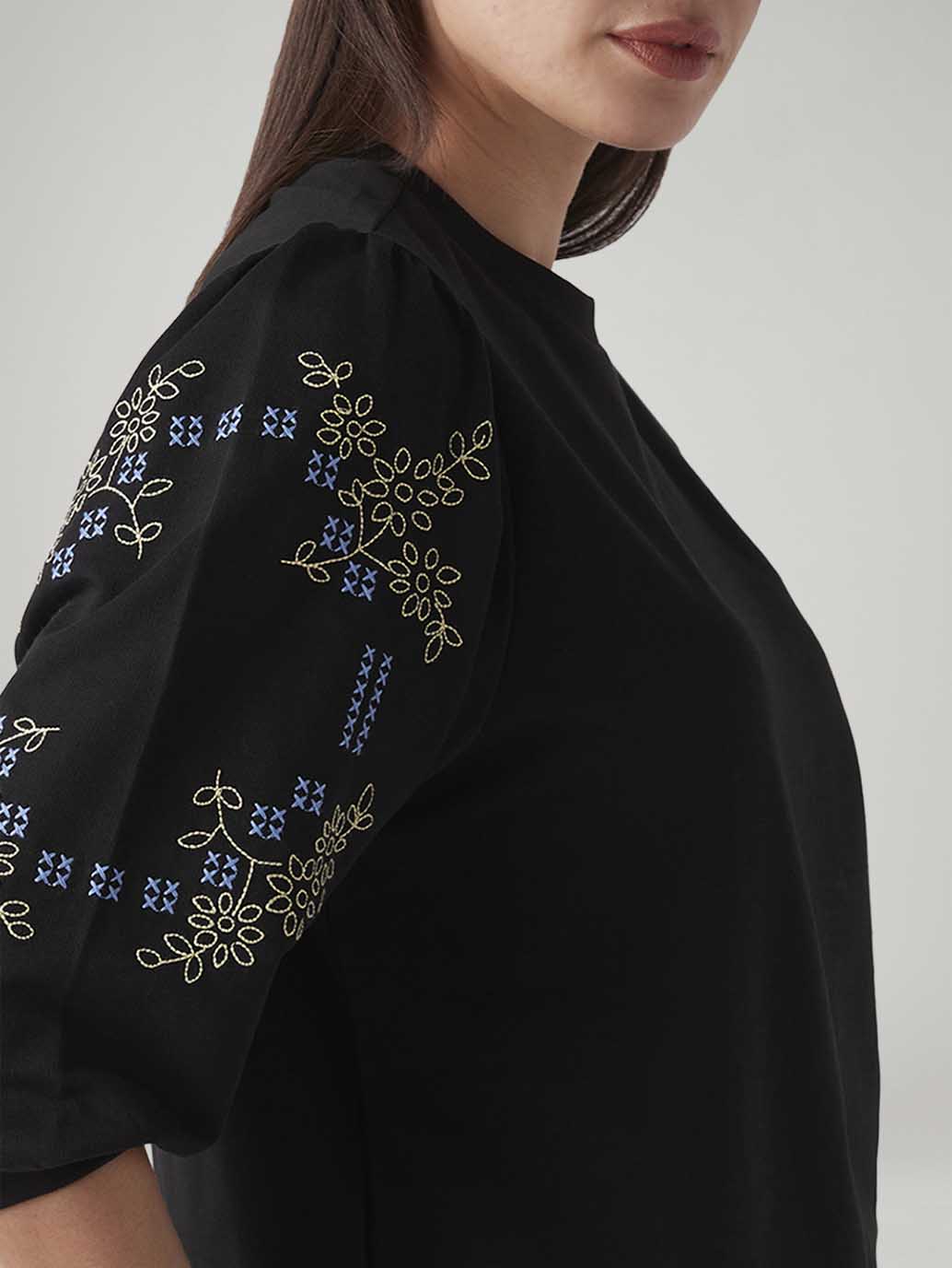Women's Black Regular Fit Embroidery Top - Detail View