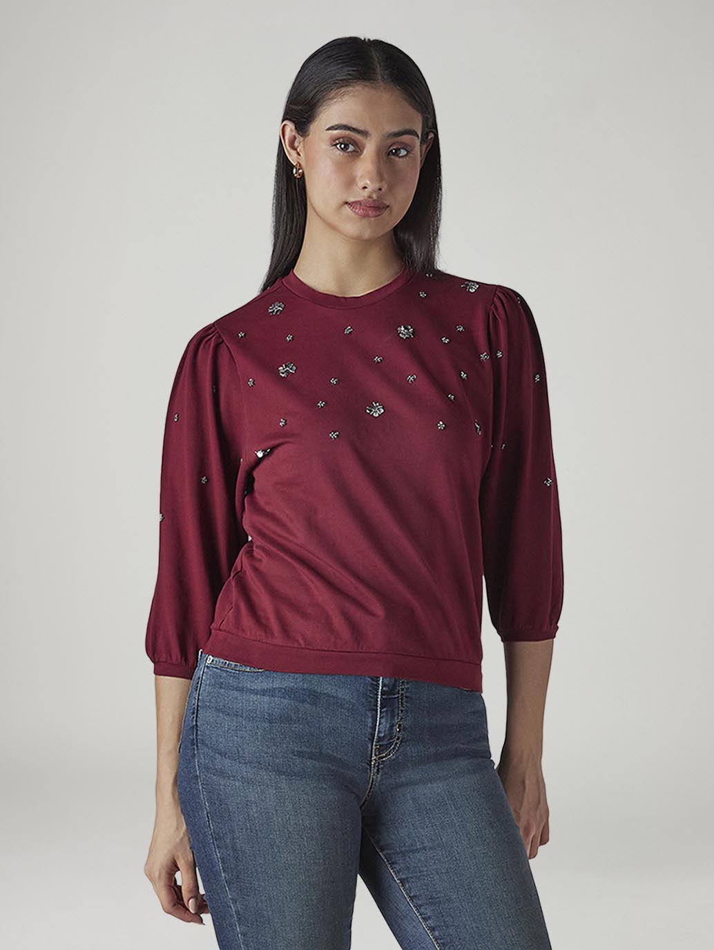 Women's Embellished Maroon Crew Neck Top