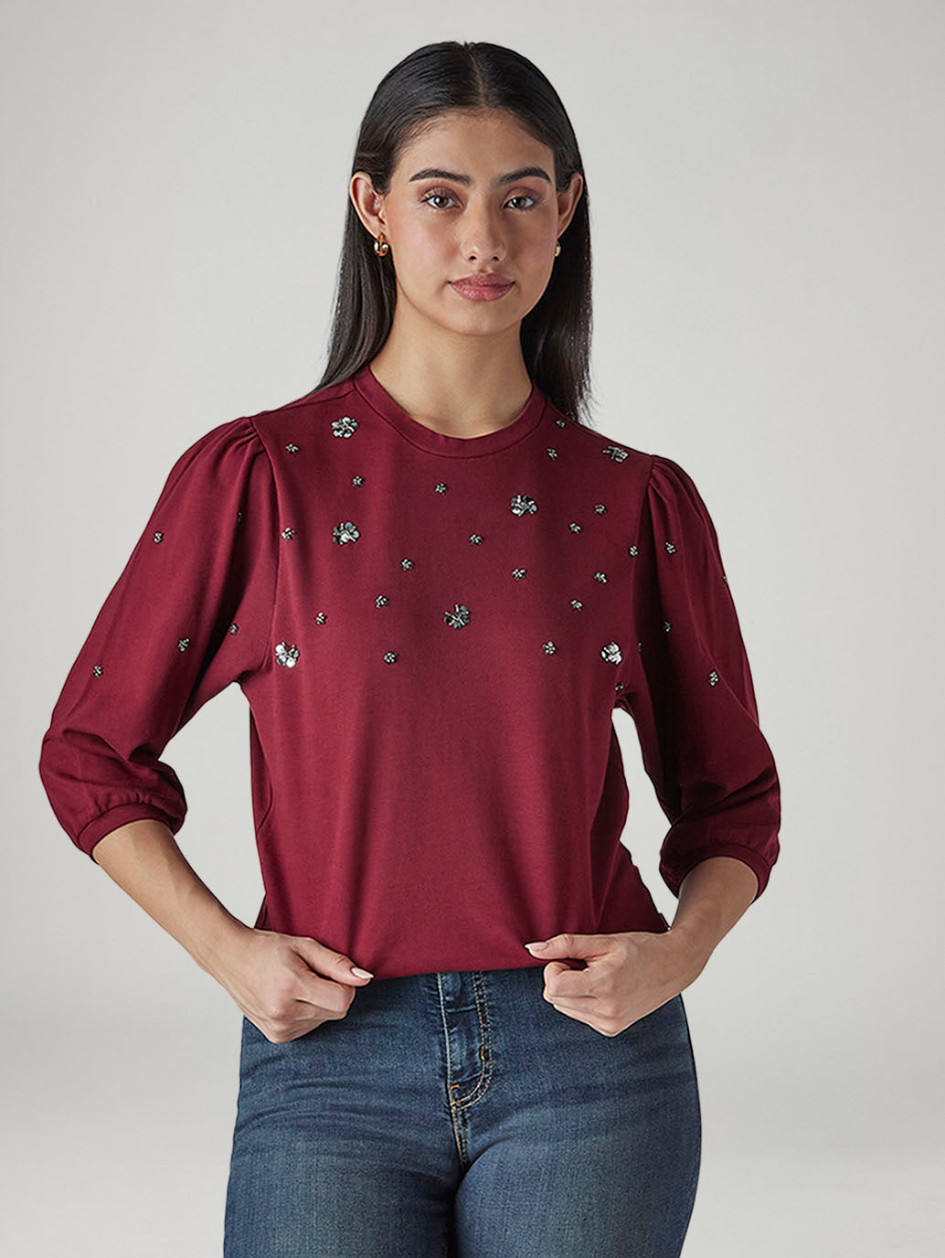 Women's Embellished Maroon Crew Neck Top - 20 View
