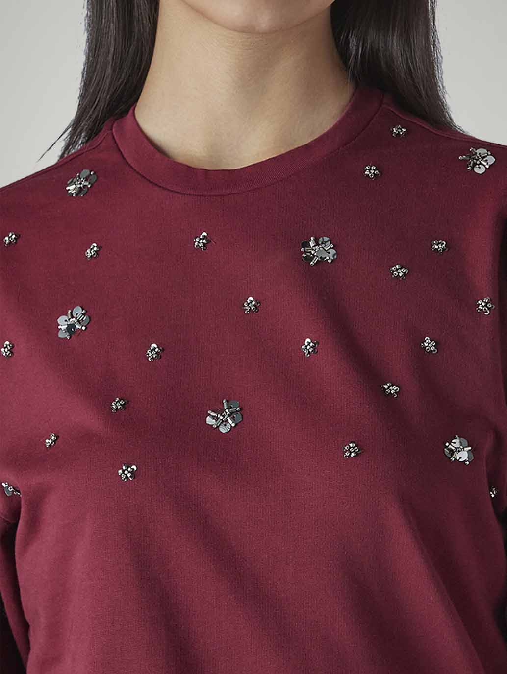 Women's Embroidered Maroon Crew Neck Top - 20 View