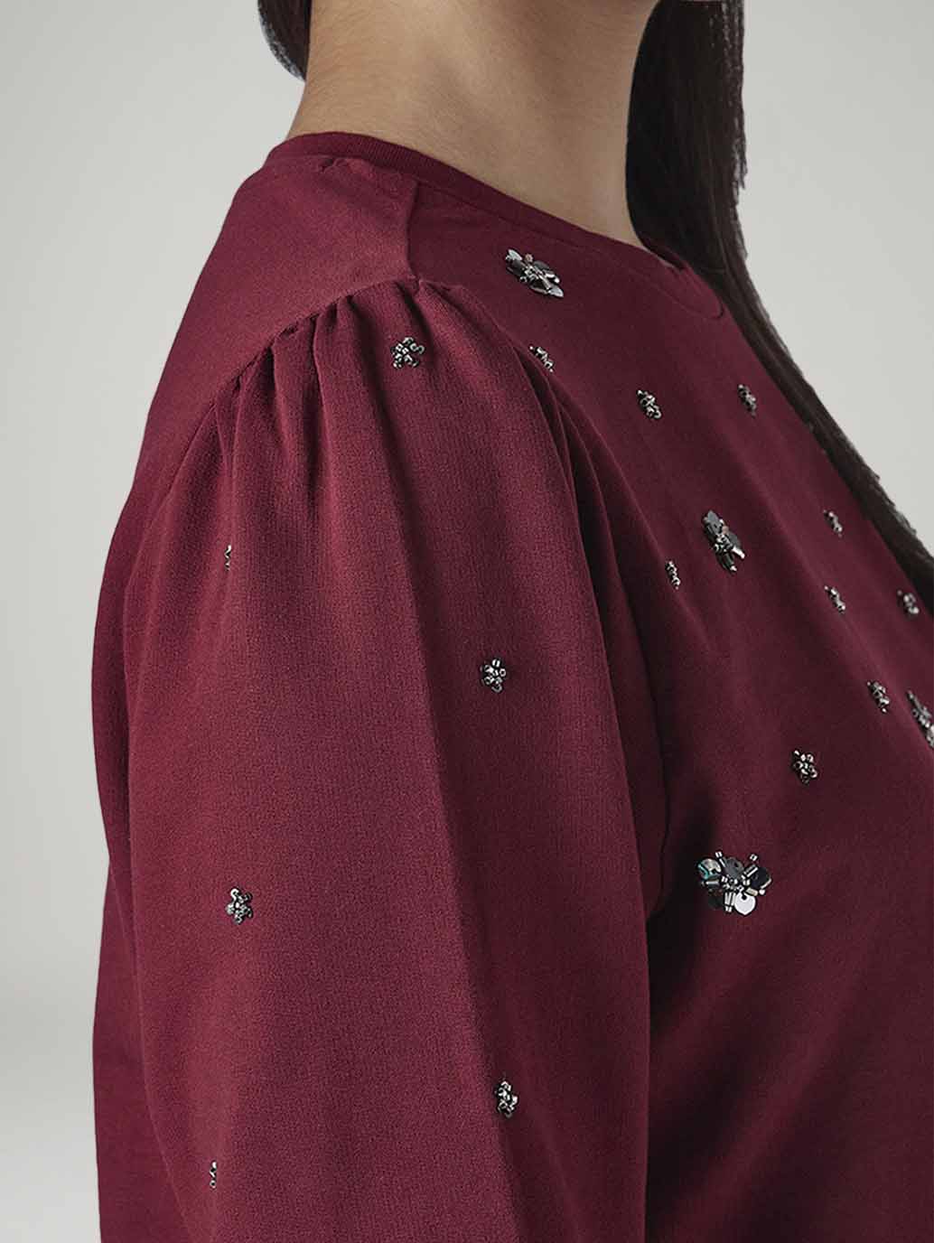 Women's Embellished Maroon Crew Neck Top - 20 View