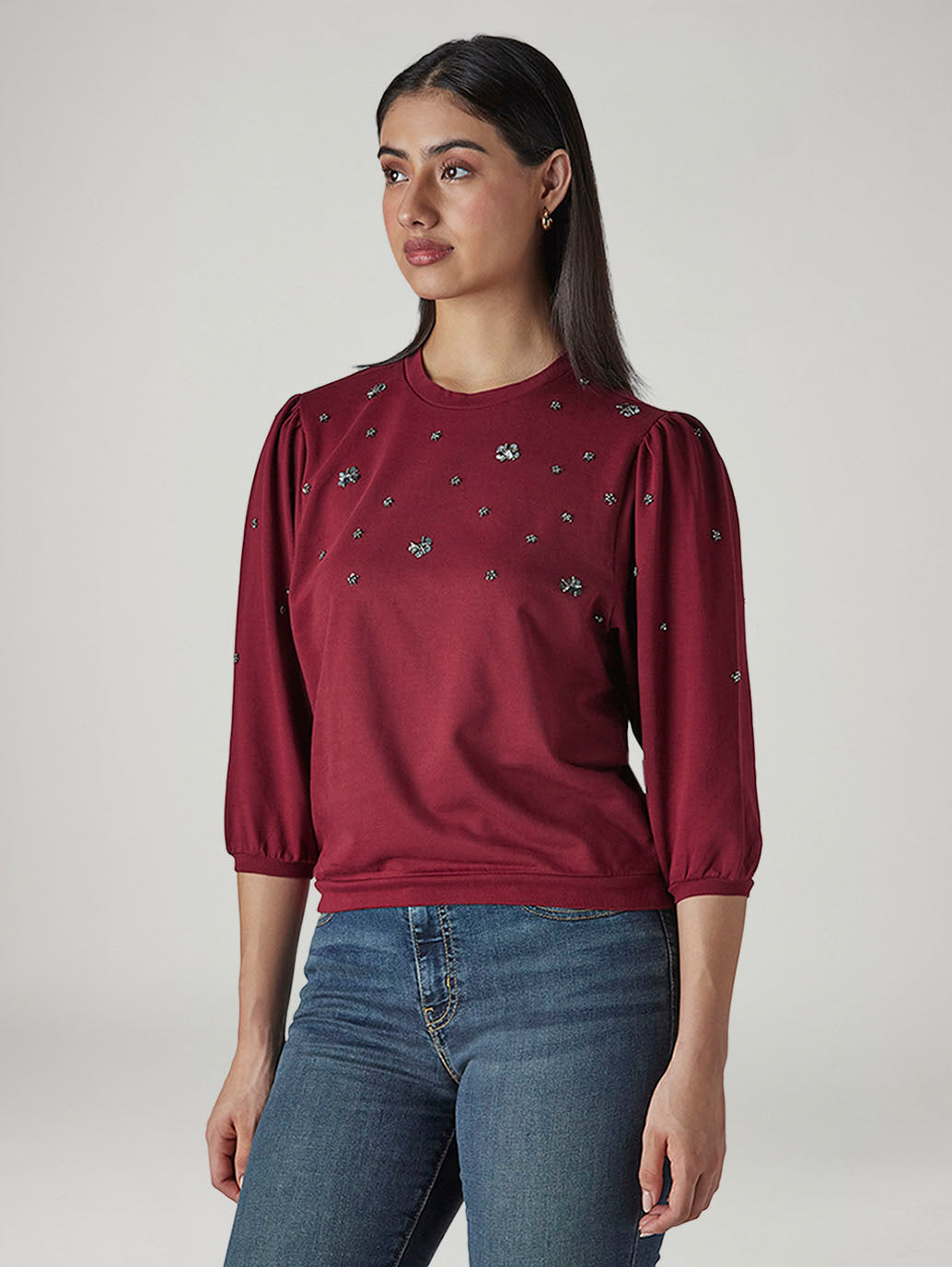 Women's Embellished Maroon Crew Neck Top - 20 View
