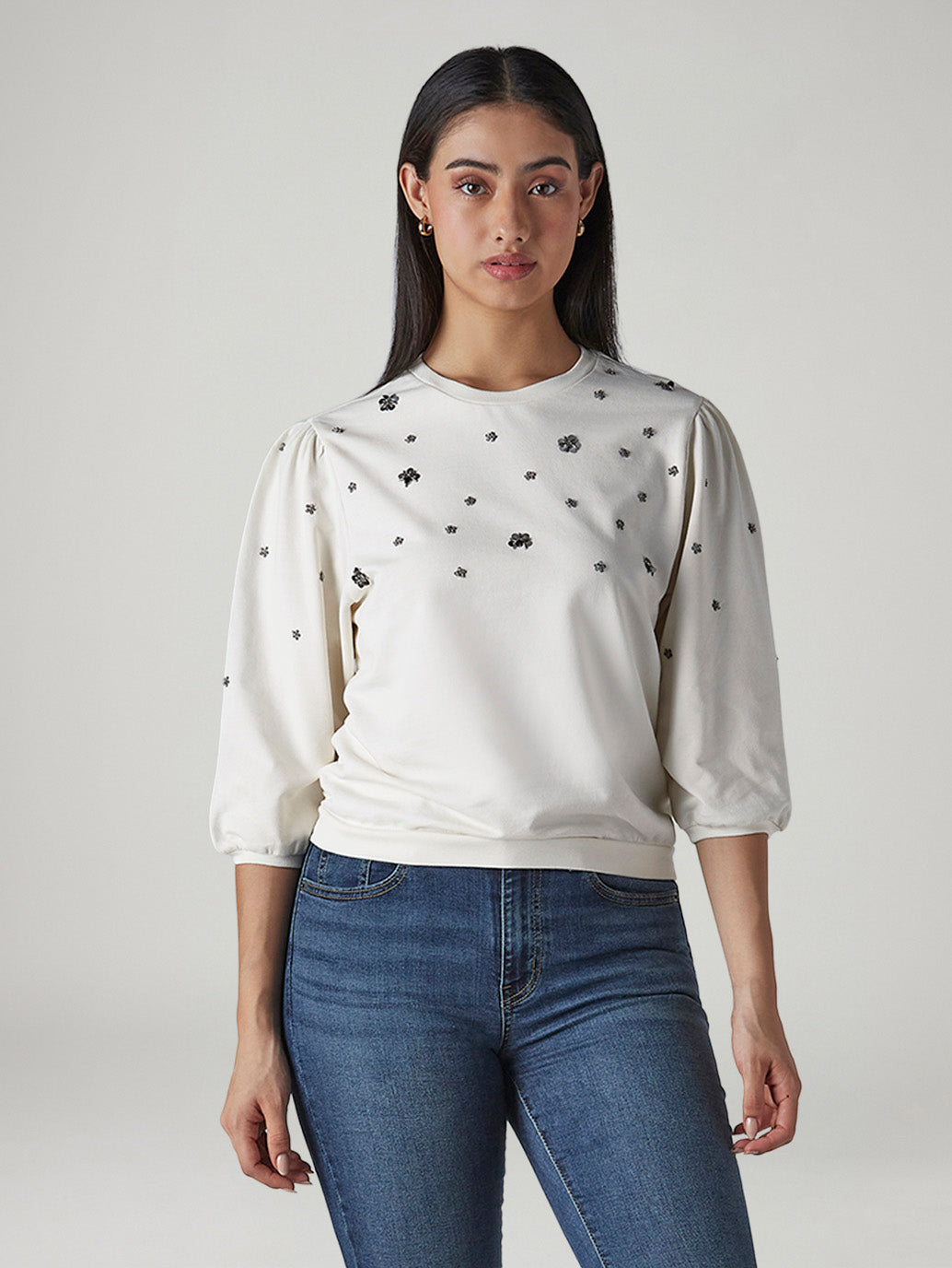 Women's Embellished Off White Crew Neck Top