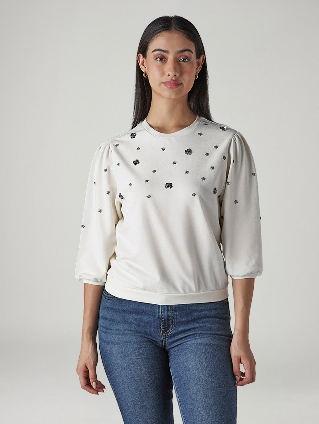 Women's Embroidered Off White Crew Neck Top - Front View
