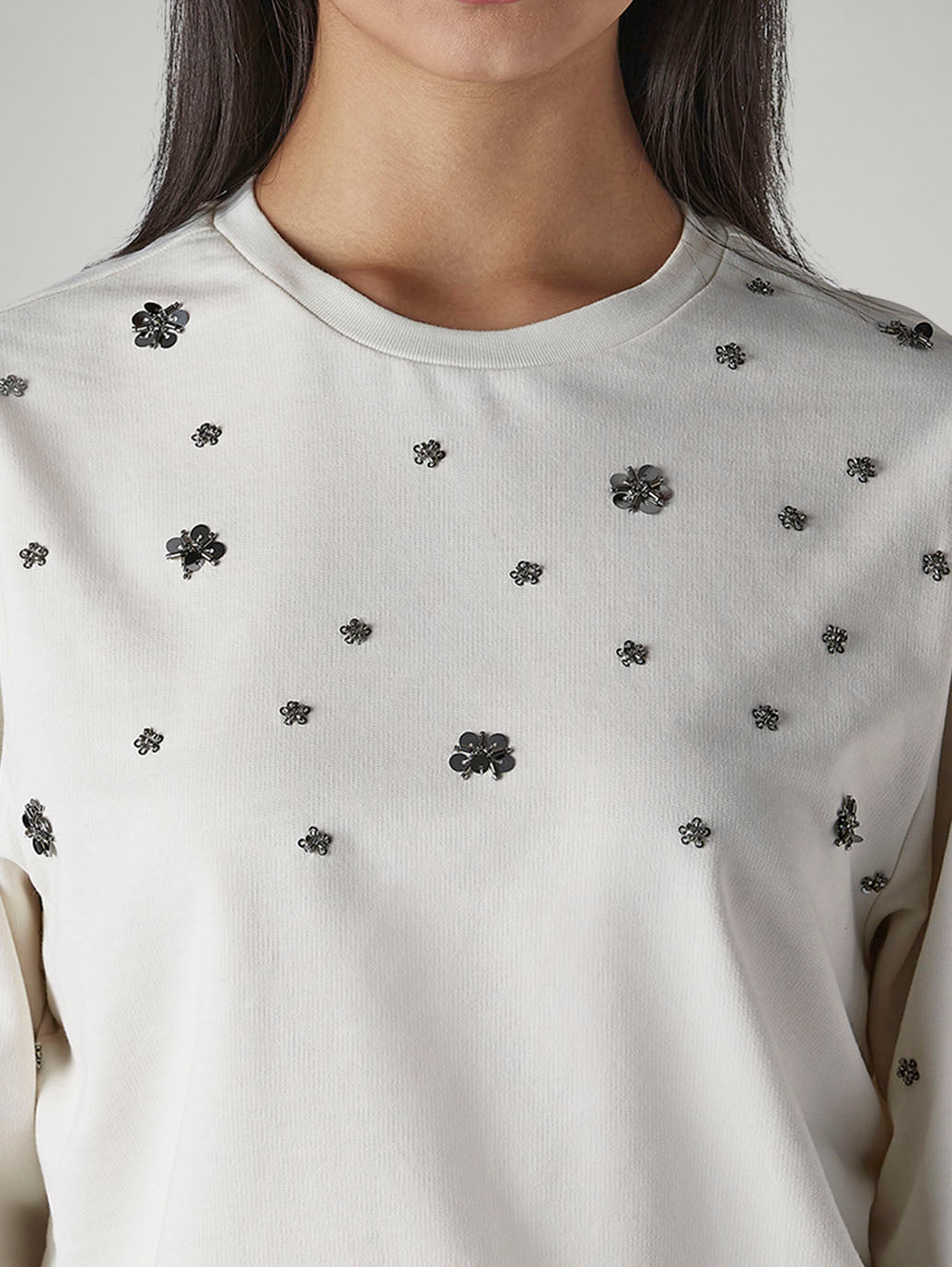 Women's Embroidered Off White Crew Neck Top - Detail View