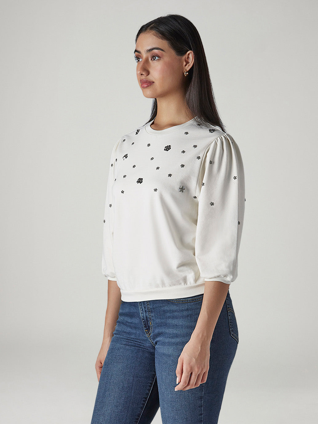 Women's Embroidered Off White Crew Neck Top - Side View