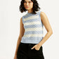 Women's Striped Light Blue Crew Neck Sweater Vest - Styleshot View