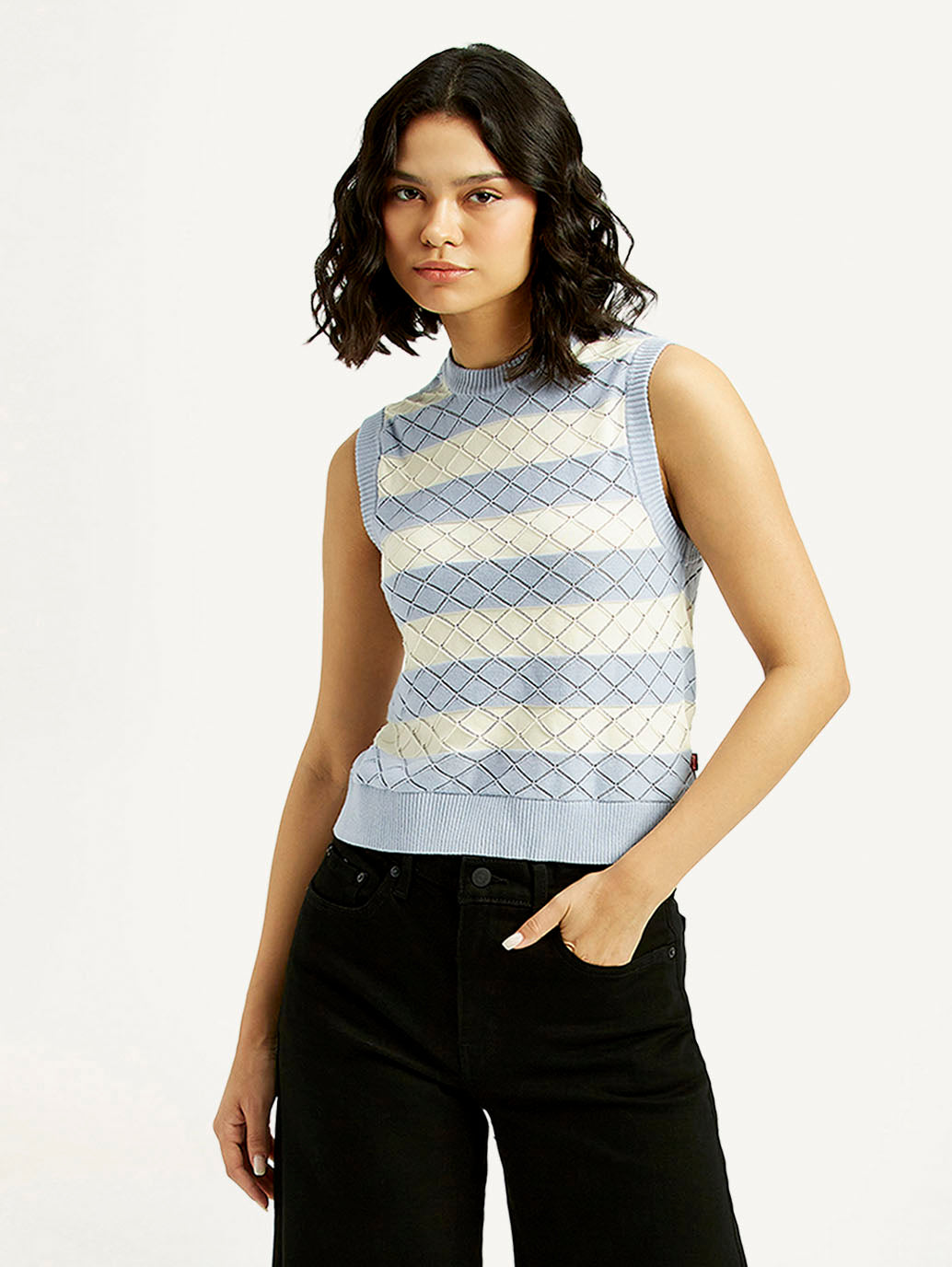 Women's Striped Light Blue Crew Neck Sweater Vest - Styleshot View