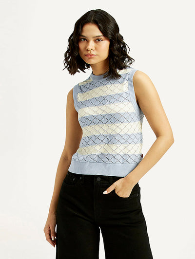 Women's Striped Light Blue Crew Neck Sweater Vest