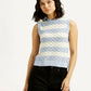 Women's Striped Light Blue Crew Neck Sweater Vest - Front View