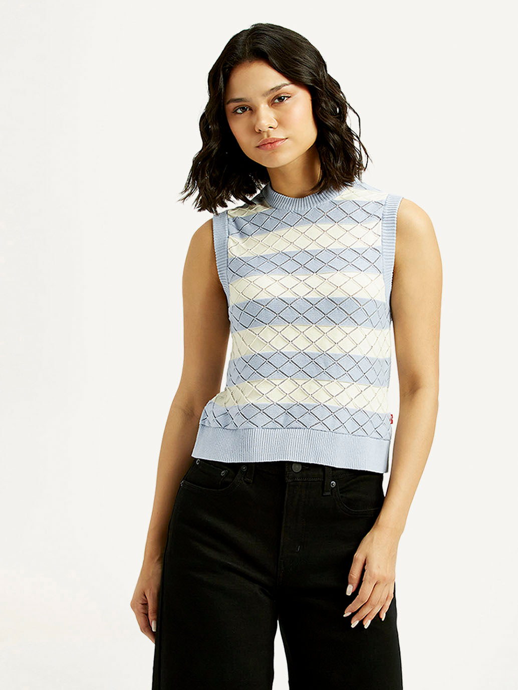Women's Striped Light Blue Crew Neck Sweater Vest - Front View