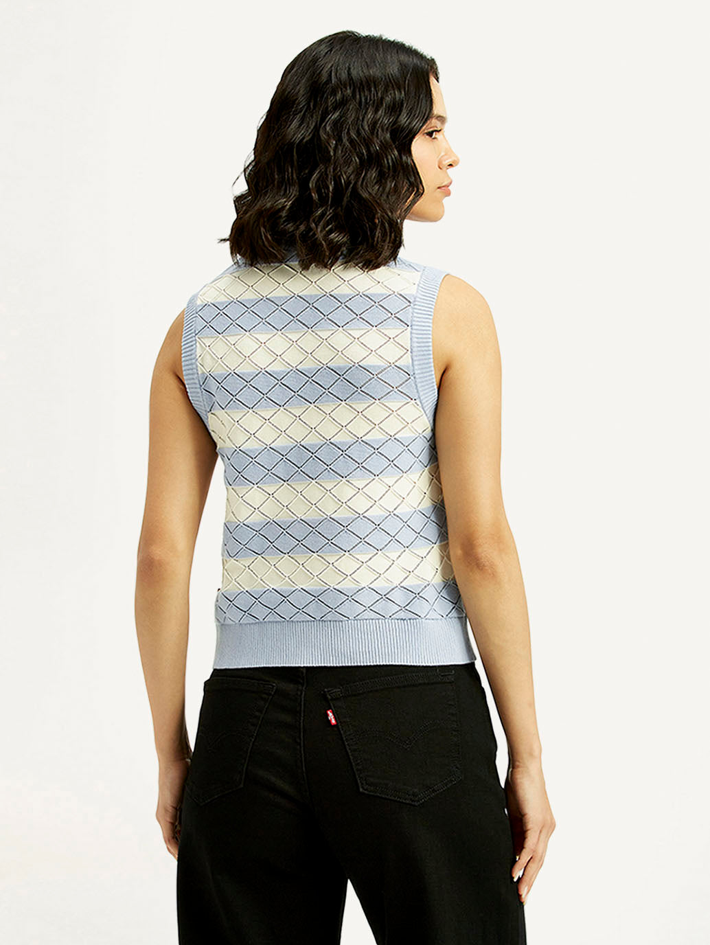 Women's Striped Light Blue Crew Neck Sweater Vest - Back View