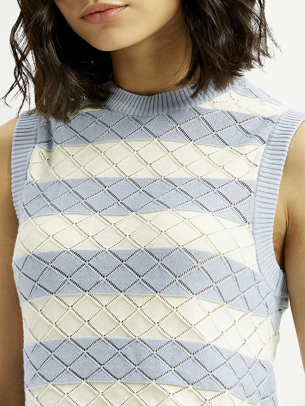 Women's Striped Light Blue Crew Neck Sweater Vest - Detail View