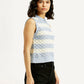 Women's Striped Light Blue Crew Neck Sweater Vest - Side View