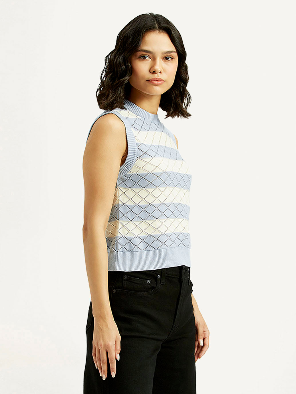Women's Striped Light Blue Crew Neck Sweater Vest - Side View