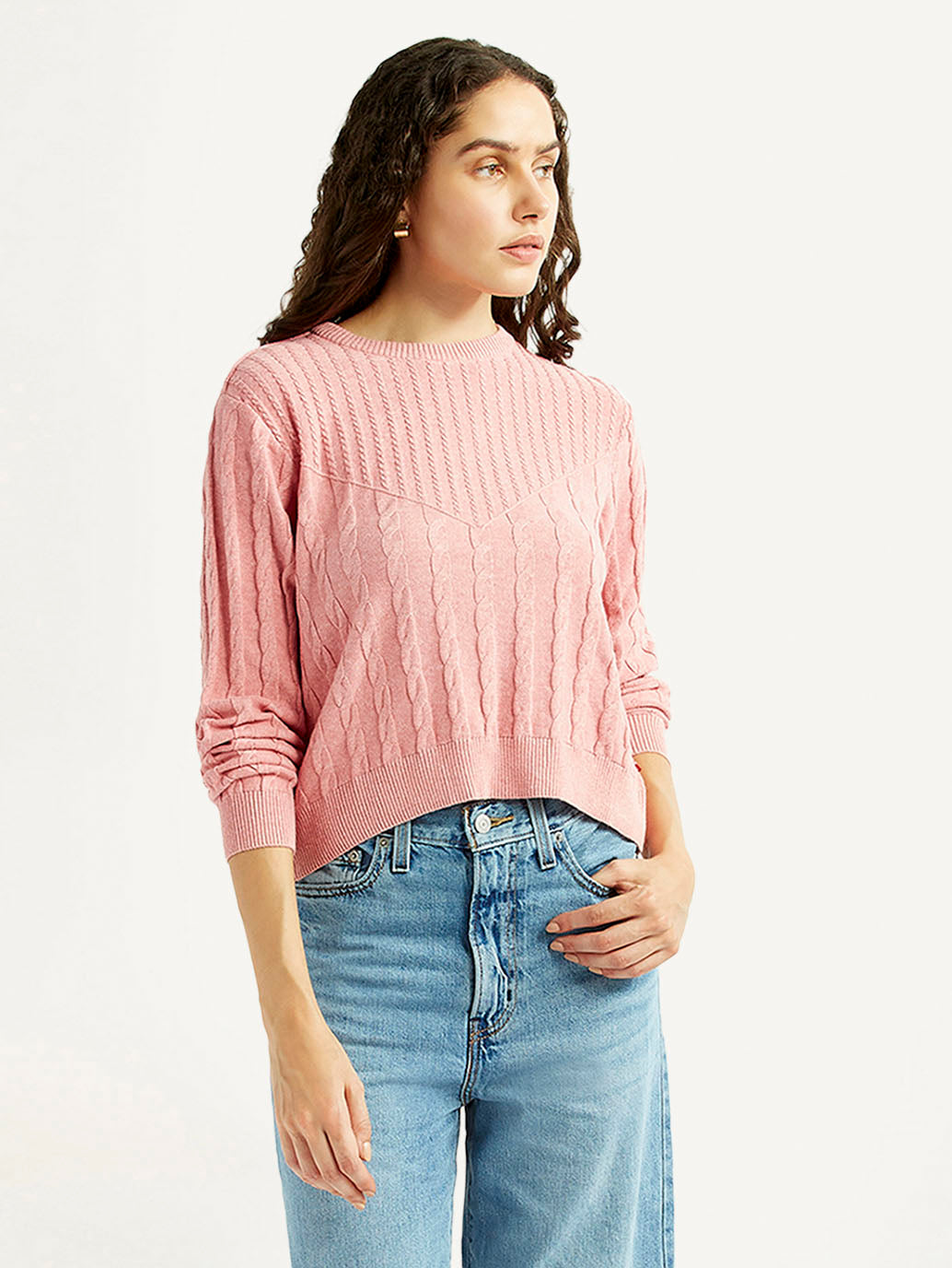 Women's Jacquard Pink Crew Neck Sweater - Styleshot View