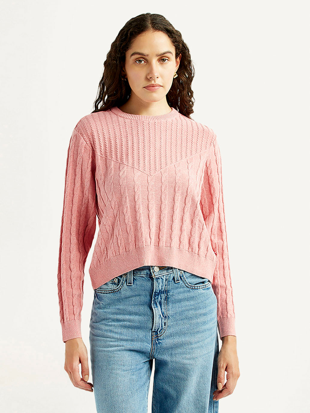 Women's Jacquard Pink Crew Neck Sweater - Front View