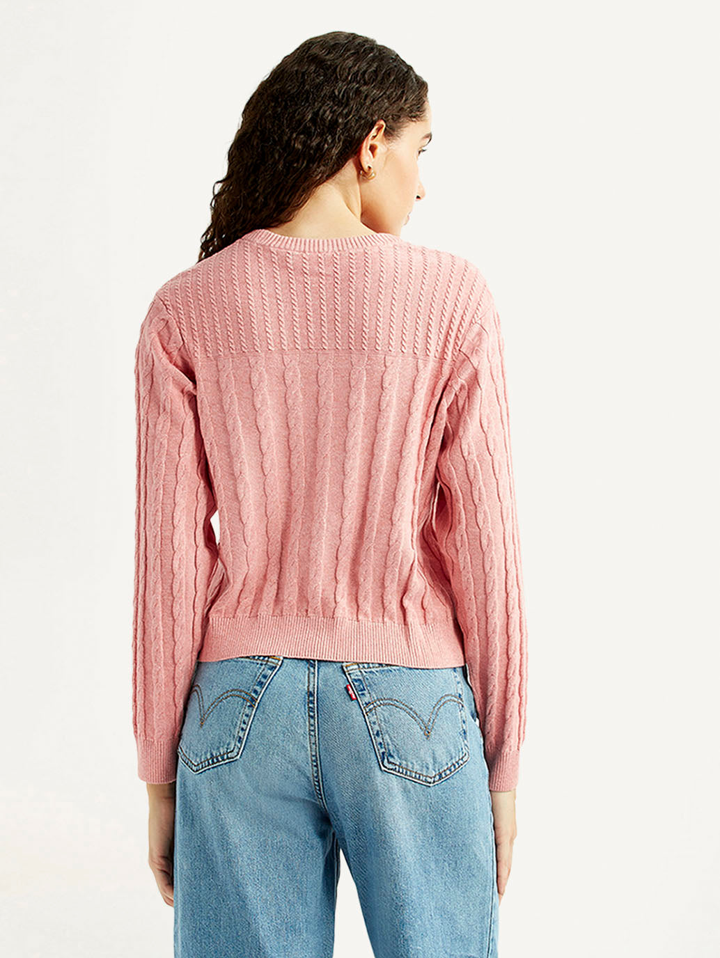 Women's Jacquard Pink Crew Neck Sweater - Back View