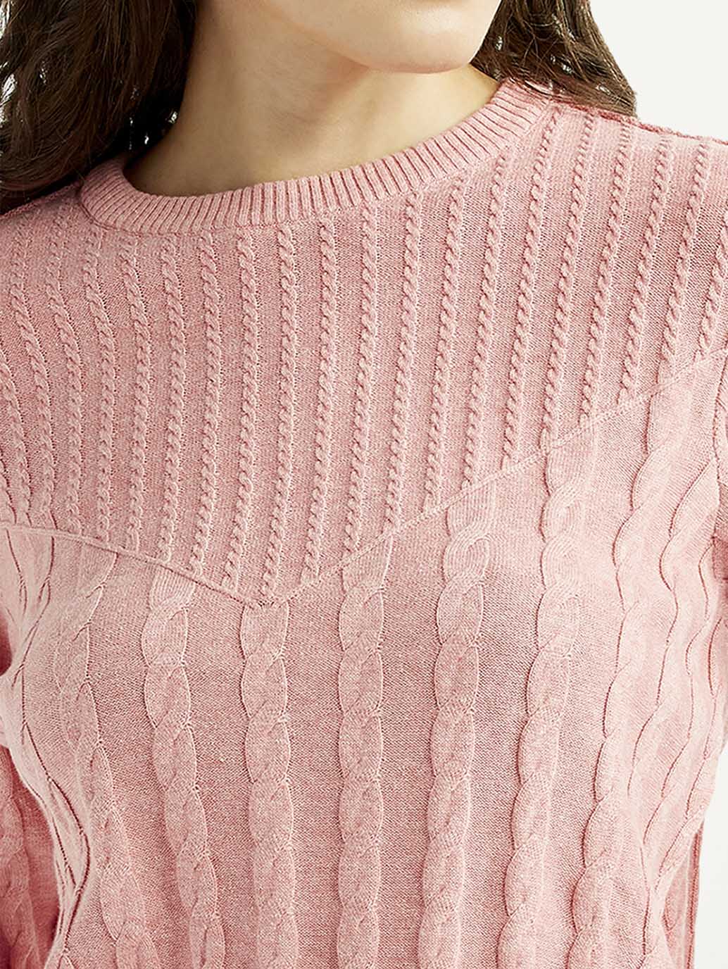 Women's Jacquard Pink Crew Neck Sweater - Detail View